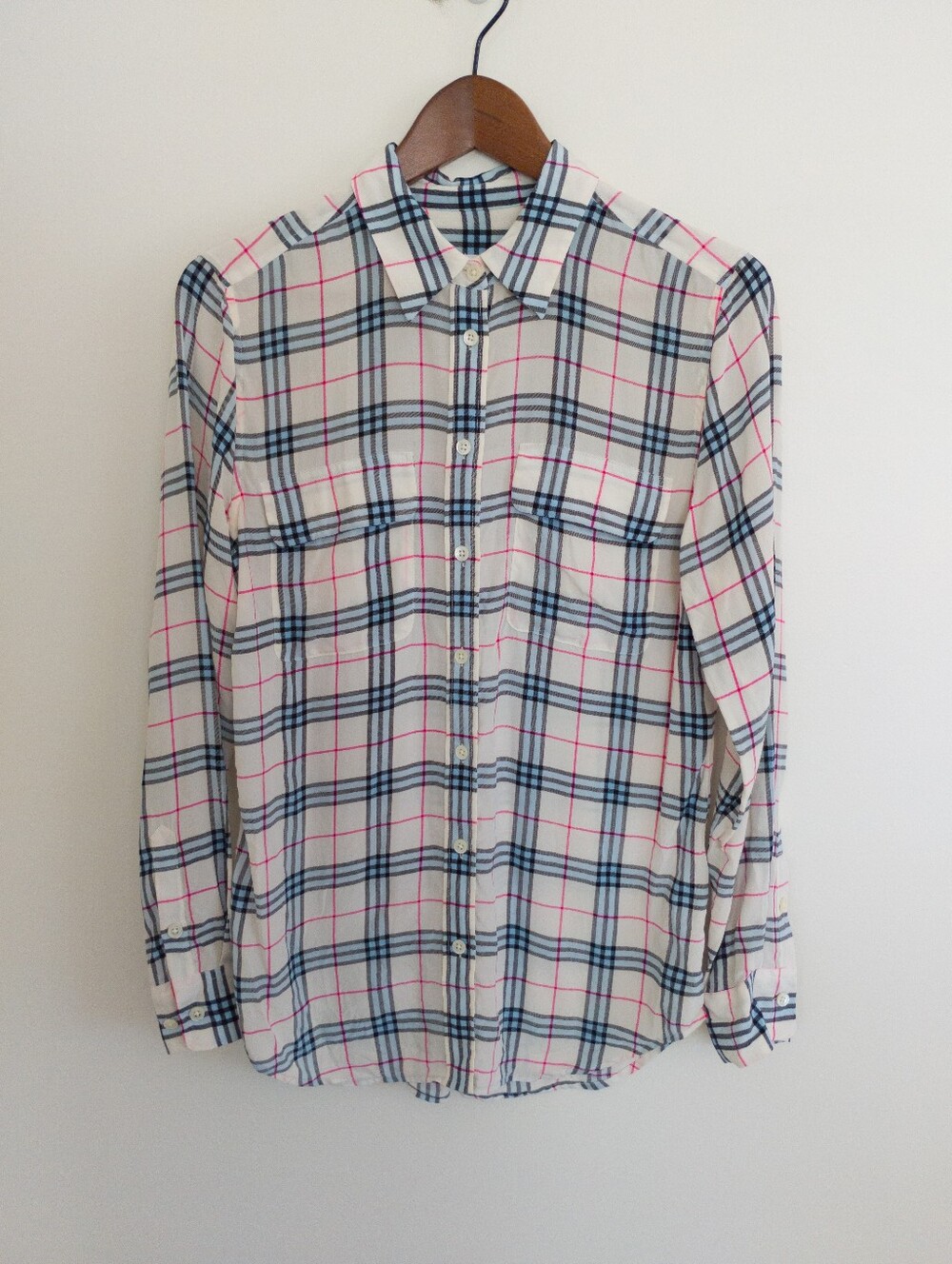 Equipment Slim Signature Silk Shirt Small Nature White Plaid Button Down Blouse